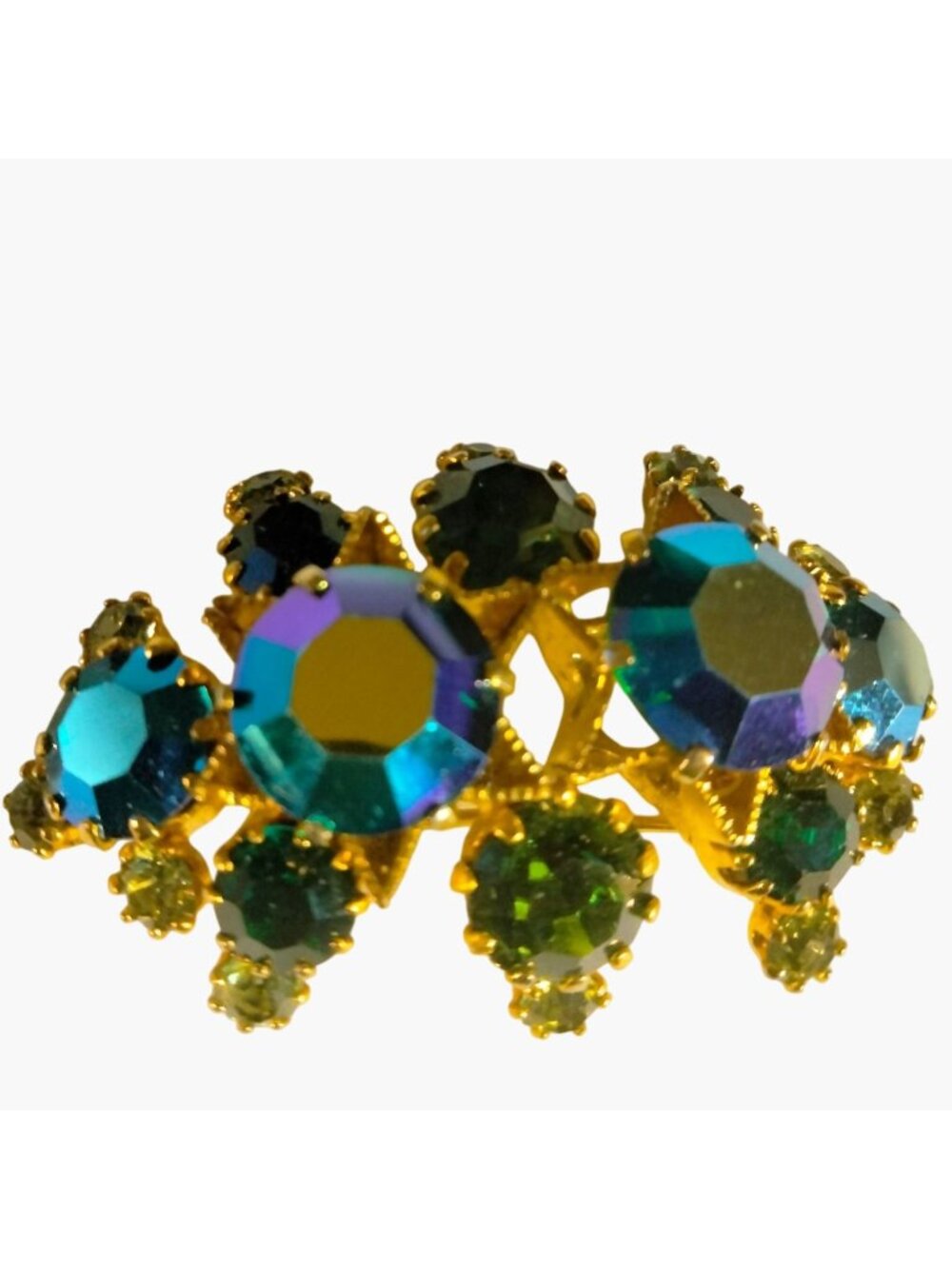 Vintage Brooch Pin Aurora Borealis Emerald Green Rhinestone Gold Tone